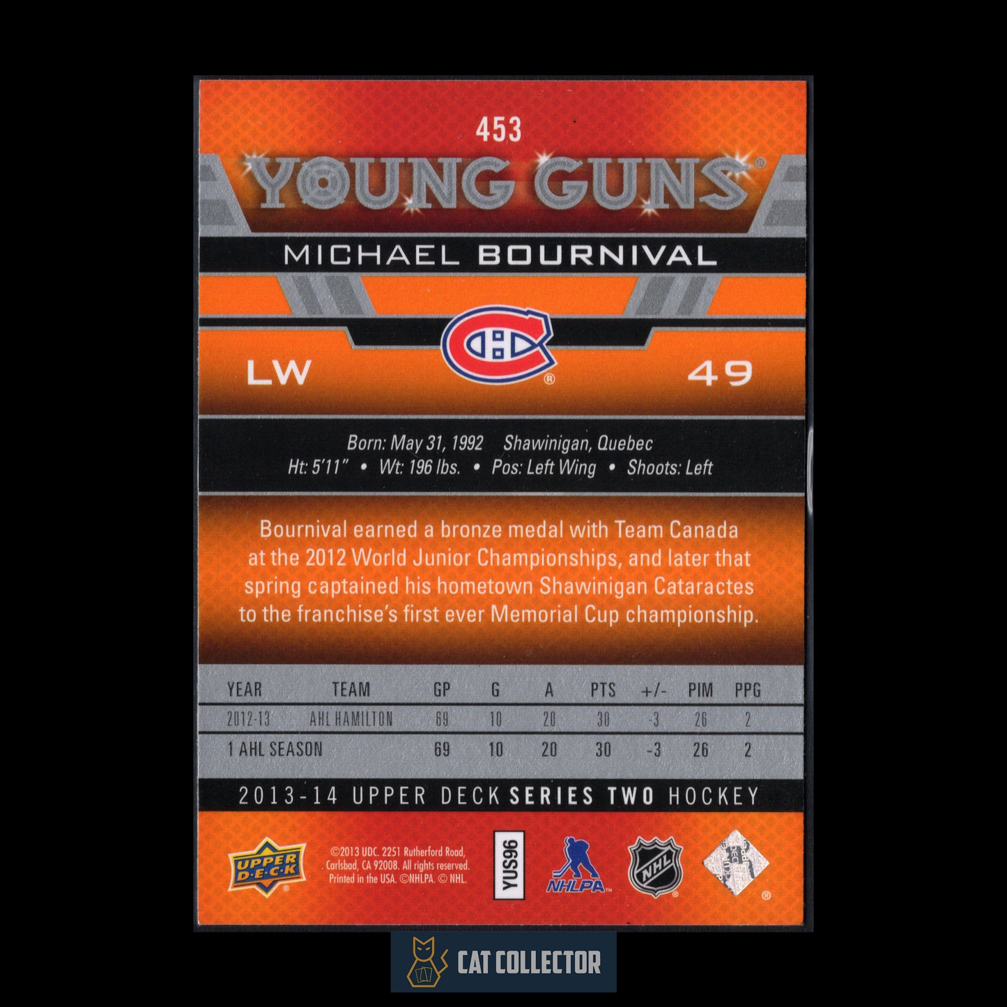 2013-14 UD Series 2 MICHAEL BOURNIVAL #453 Young guns RC