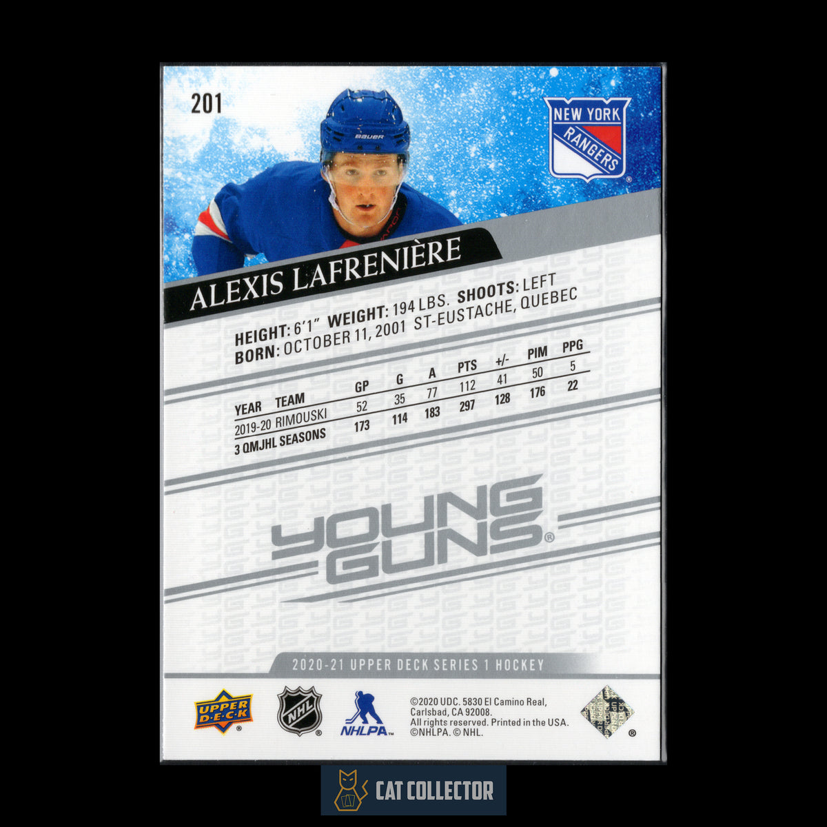 2020-21 Upper Deck Series 1 ALEXIS LAFRENIERE #201 Young guns RC