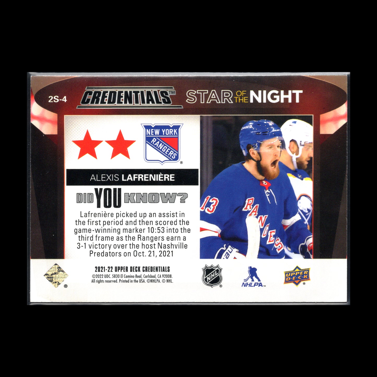 2021-22 Upper Deck Credentials ALEXIS LAFRENIERE #2S-4 Second Star of the Night