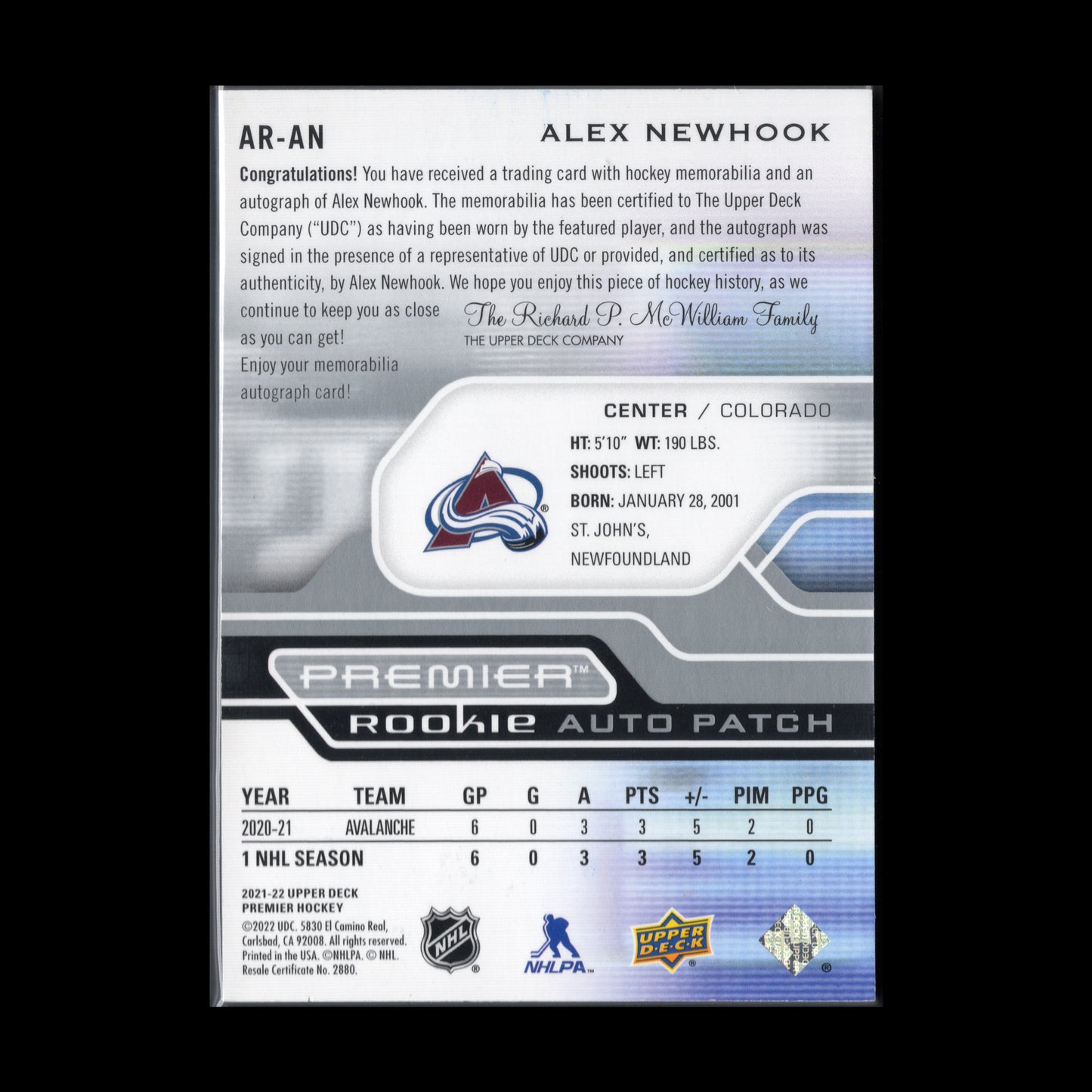 2021-22 UD Premier ALEX NEWHOOK #AR-AN Rookie Auto Patch RC /249