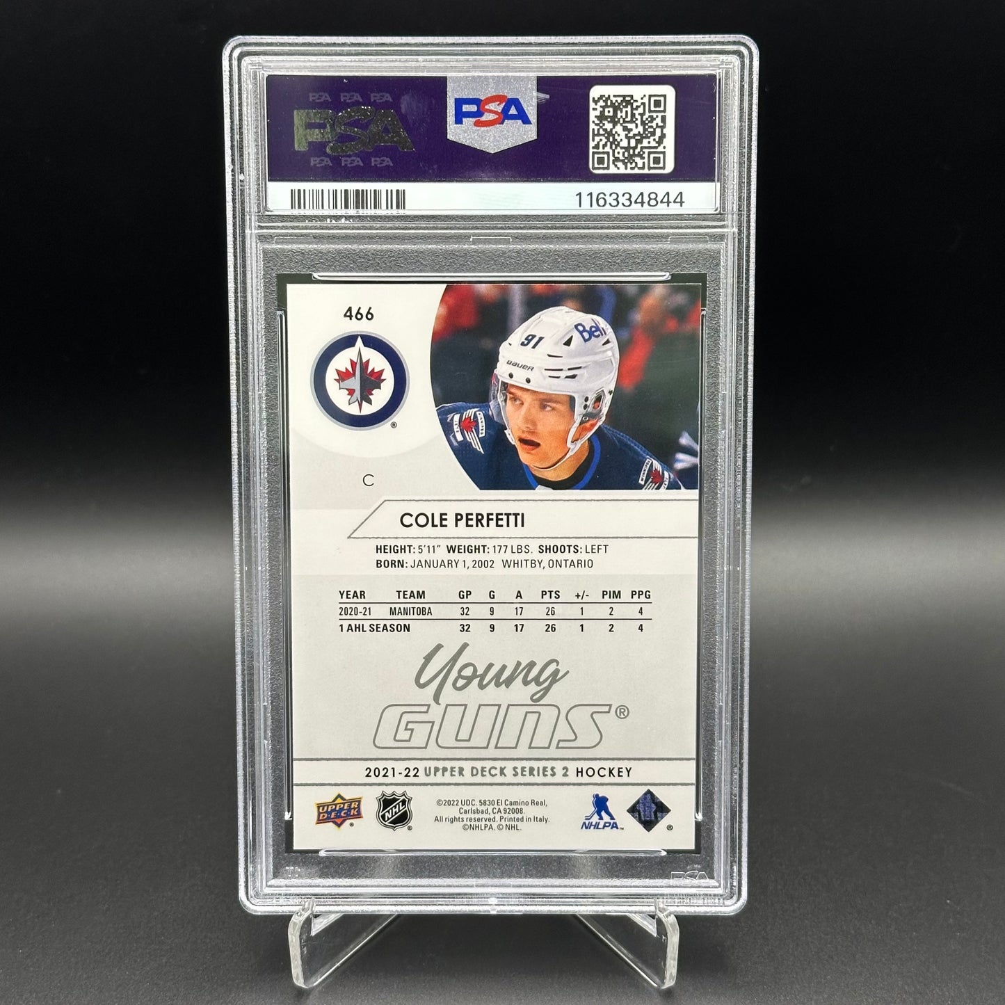 2021-22 Upper Deck Series 2 COLE PERFETTI #466 Young guns RC PSA 10