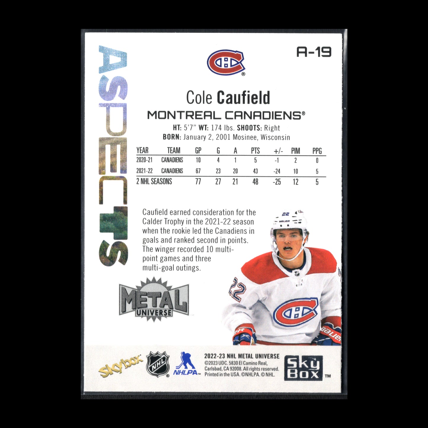 2022-23 SkyBox Metal Universe COLE CAUFIELD #A-19 Aspects
