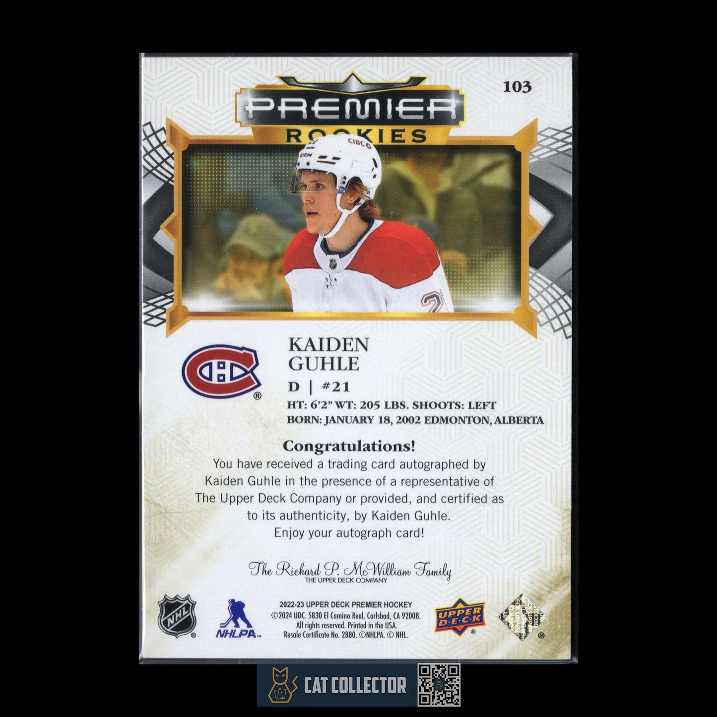 2022-23 Upper Deck Premier KAIDEN GUHLE #103 Rookies RC /35 Auto