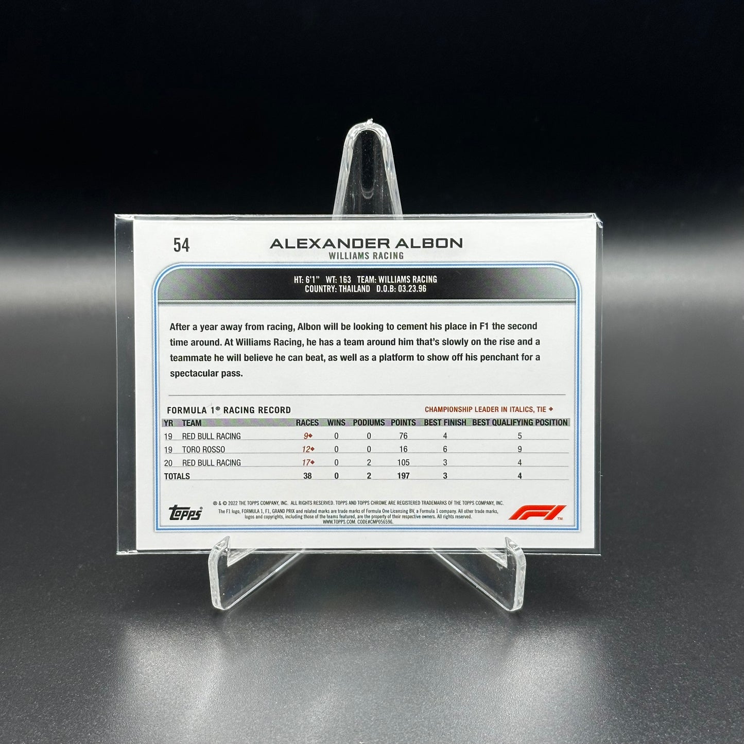 2022 Topps Chrome Formula 1 ALEXANDER ALBON #54 Racers Black & White RayWave Refractor