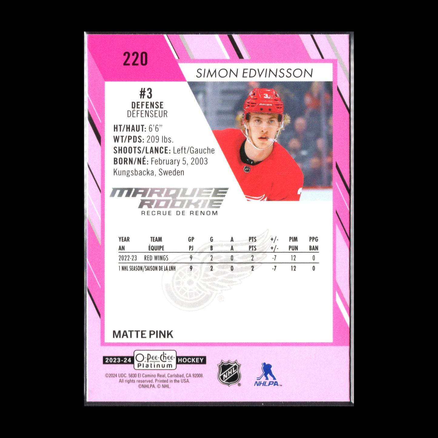2023-24 O-Pee-Chee Platinum SIMON EDVINSSON #220 Matte Pink RC