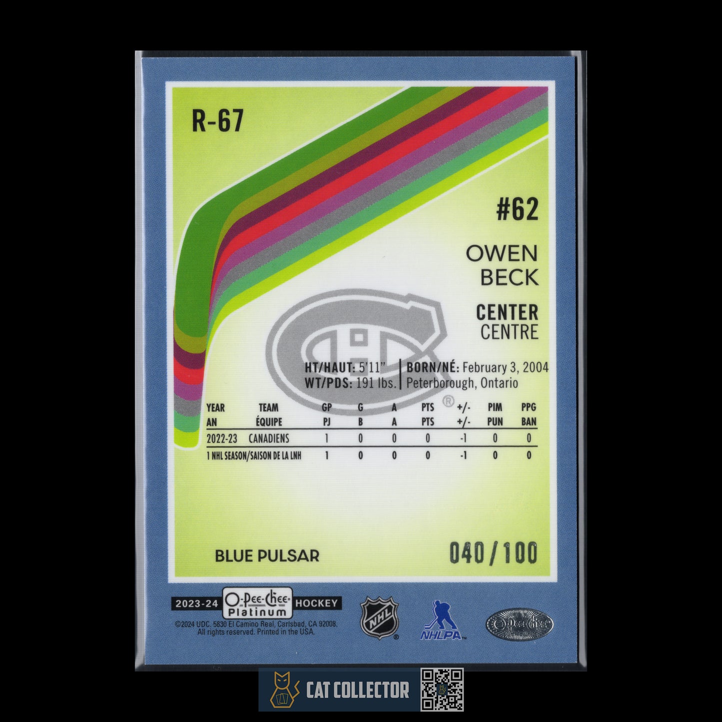 2023-24 O-Pee-Chee Platinum OWEN BECK #R-67 Retro Blue Pulsar RC /100