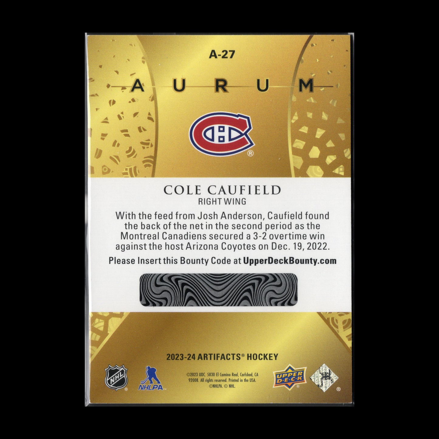 2023-24 Upper Deck Artifacts COLE CAUFIELD #A-27 Aurum Bounty