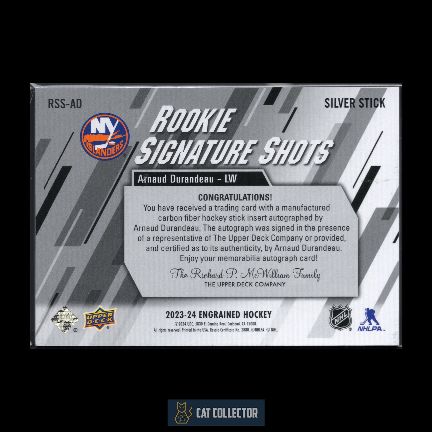 2023-24 Upper Deck Engrained ARNAUD DURANDEAU #RSS-AD Rookie Signature Shots Silver Stick RC /299 Auto