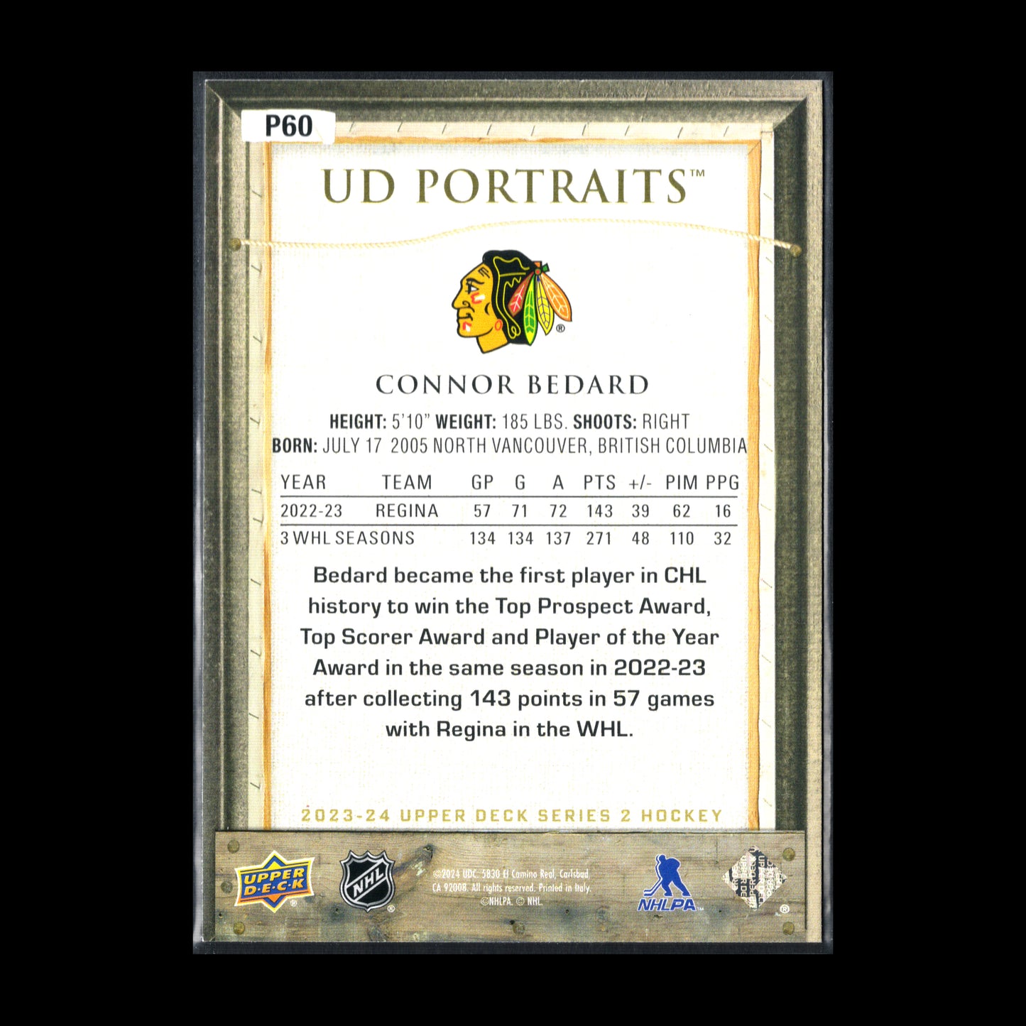 2023-24 UD Series 2 CONNOR BEDARD #P60 UD Portraits Rookies RC