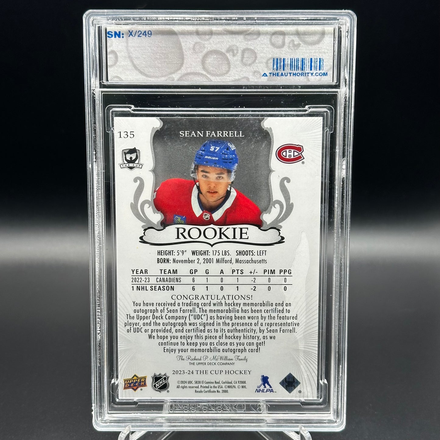 2023-24 Upper Deck The Cup SEAN FARRELL #135 Rookie Auto Patch RC /249