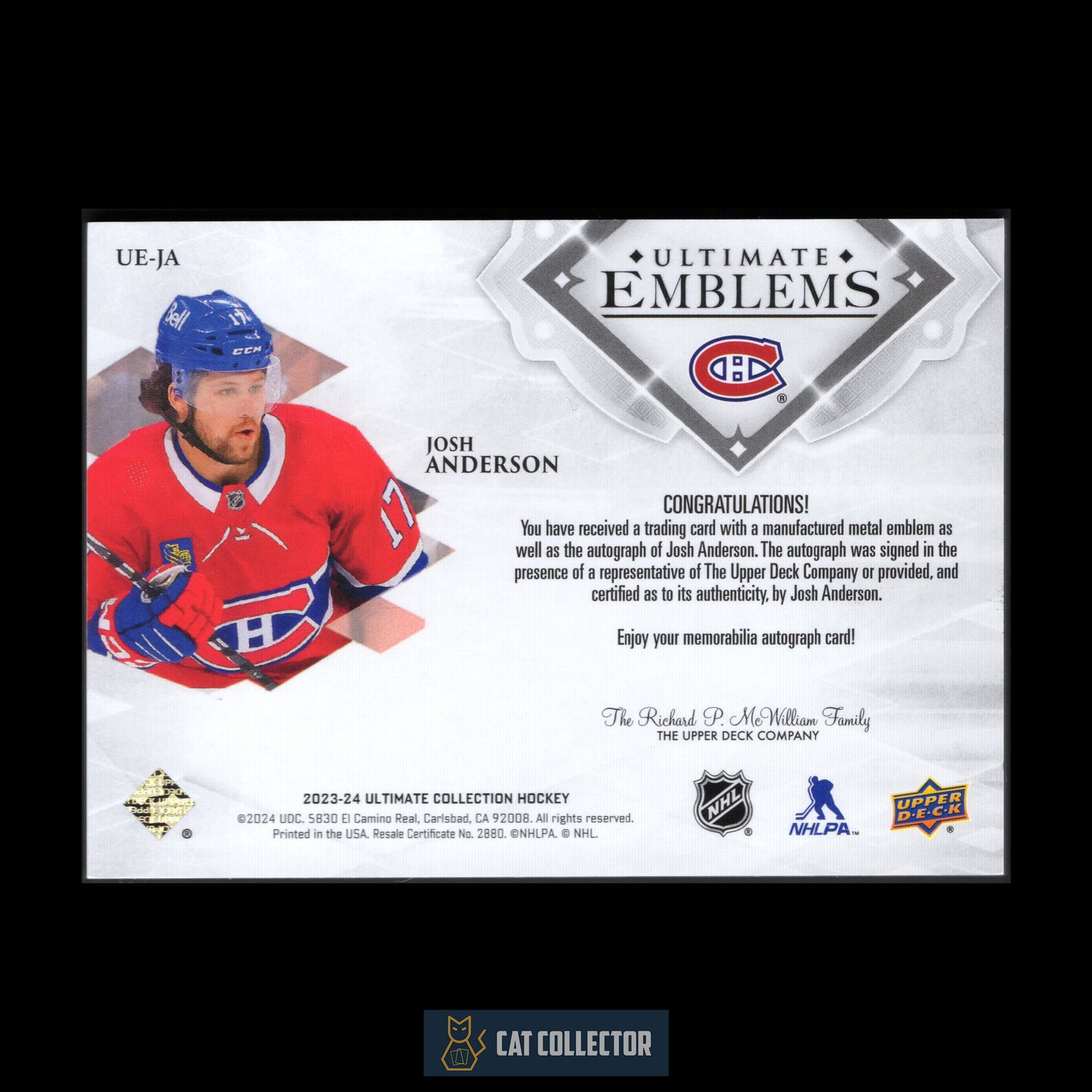 2023-24 Upper Deck Ultimate Collection JOSH ANDERSON #UE-JA Ultimate Emblems Auto