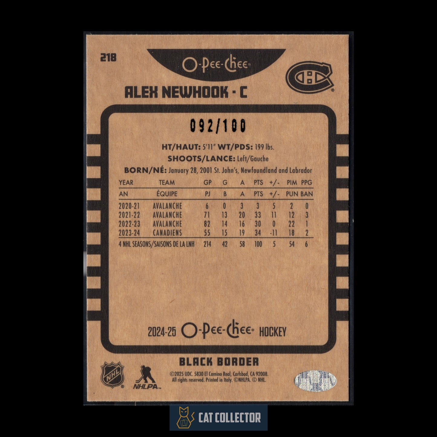 2024-25 O-Pee-Chee Hockey ALEX NEWHOOK #218 Retro black border parallel /100