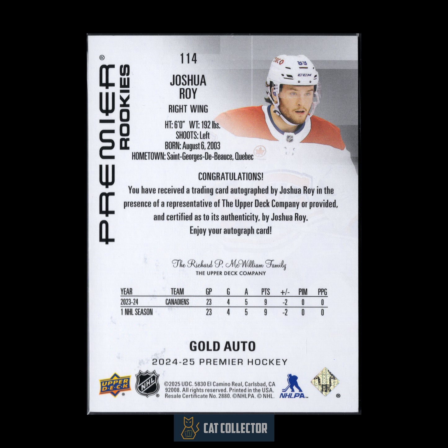 2024-25 Upper Deck Premier JOSHUA ROY #114 Gold Auto RC /35