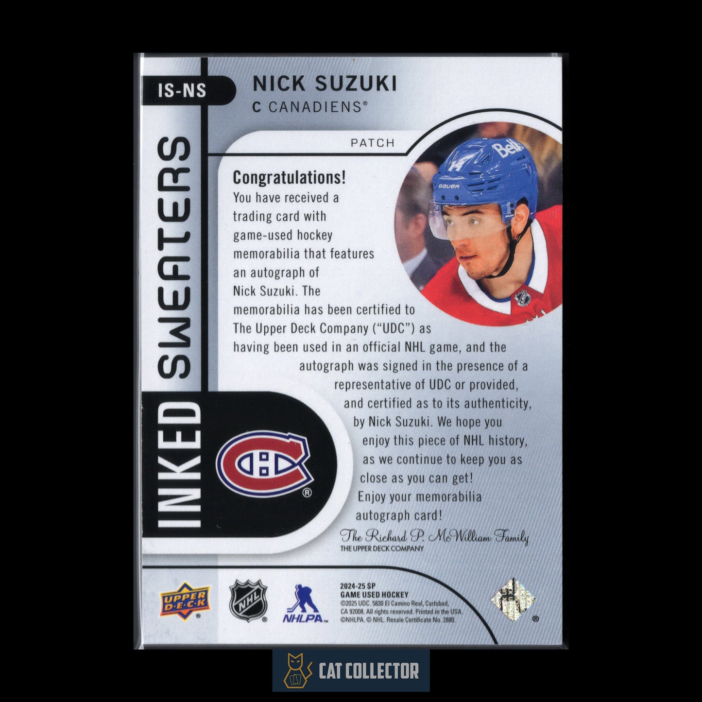 2024-25 UD SP Game Used NICK SUZUKI #IS-NS Inked Sweaters Patch /15