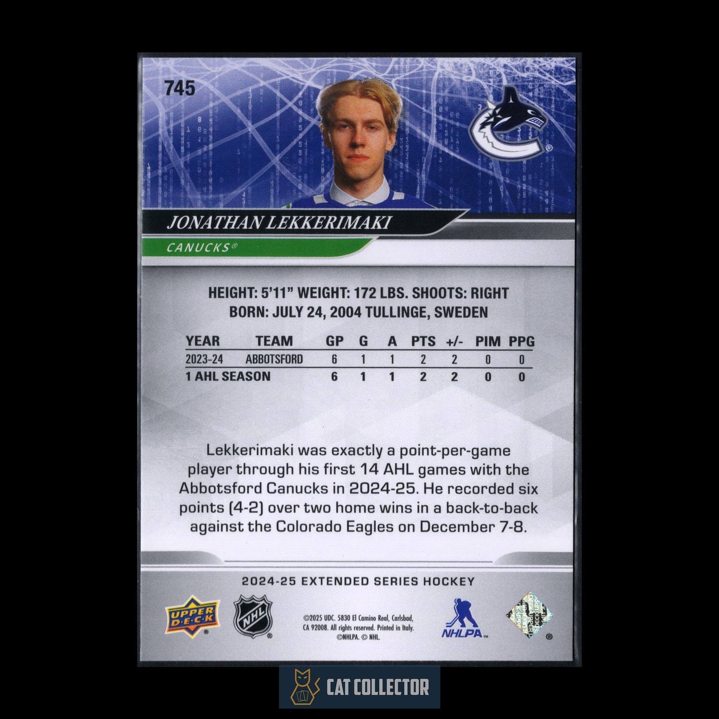2024-25 Upper Deck Extended series JONATHAN LEKKERIMAKI #745 1st Round Draft RC