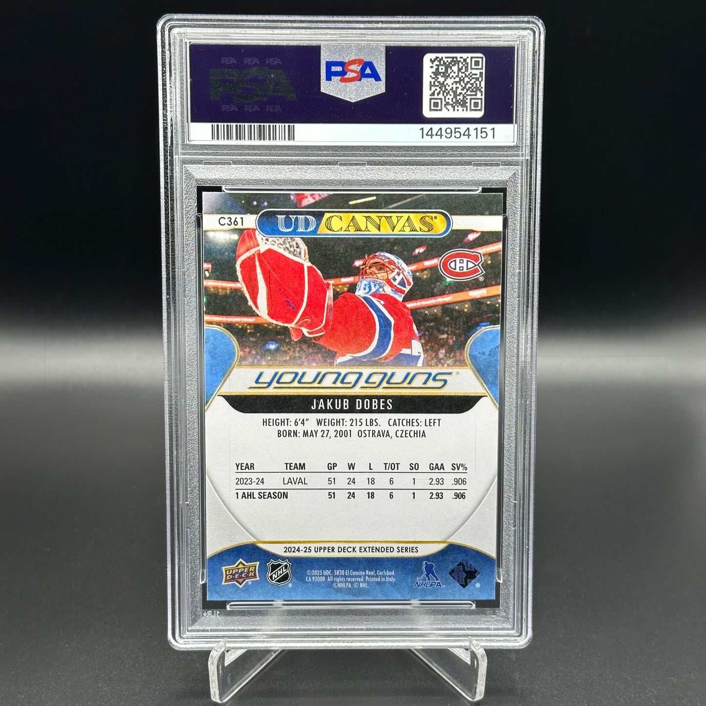 2024-25 Upper Deck Extended series JAKUB DOBES #C361 UD Canvas Young Guns PSA 10