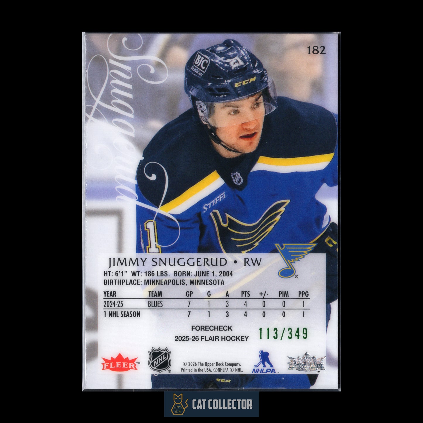 2025-26 Fleer Flair JIMMY SNUGGERUD #182 Image B Variant Forecheck Rookie RC /349