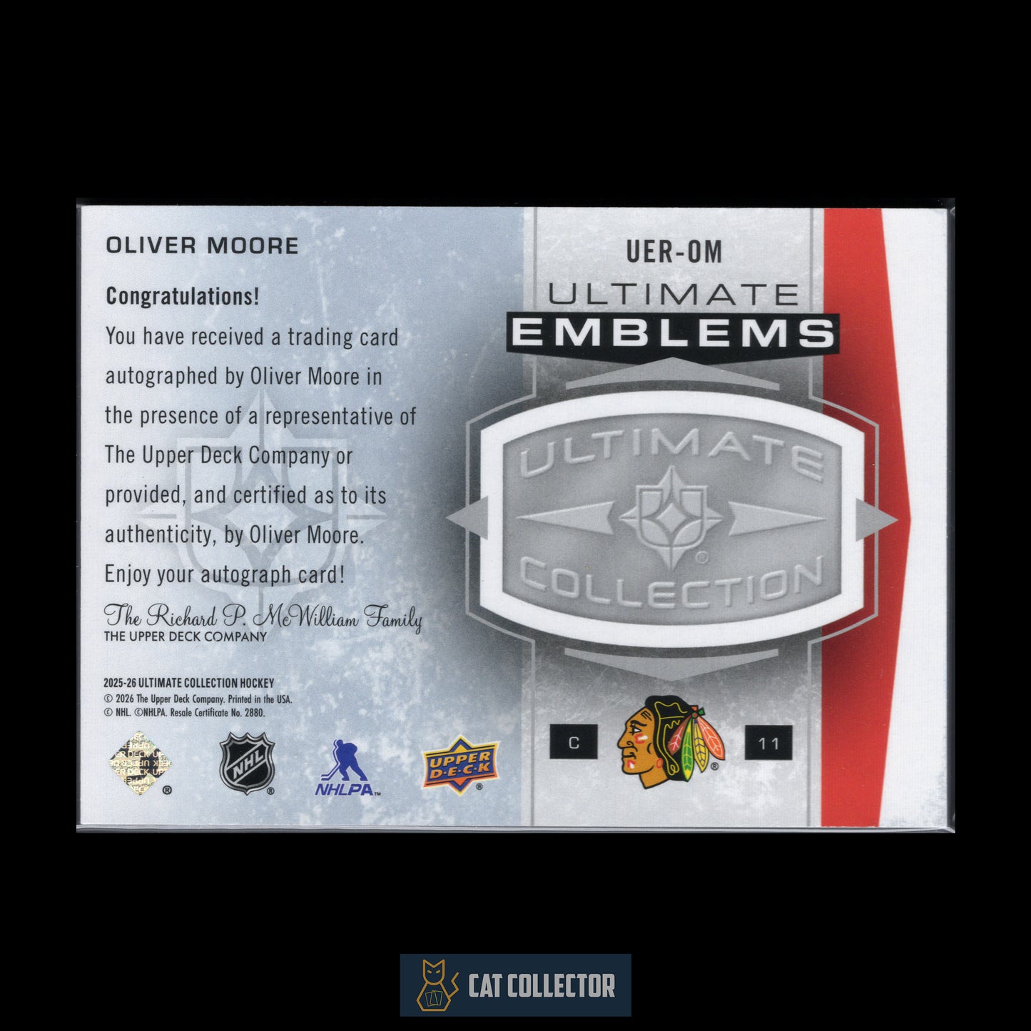 2025-26 UD Ultimate Collection OLIVER MOORE #UER-OM Ultimate Emblems Rookies RC Auto