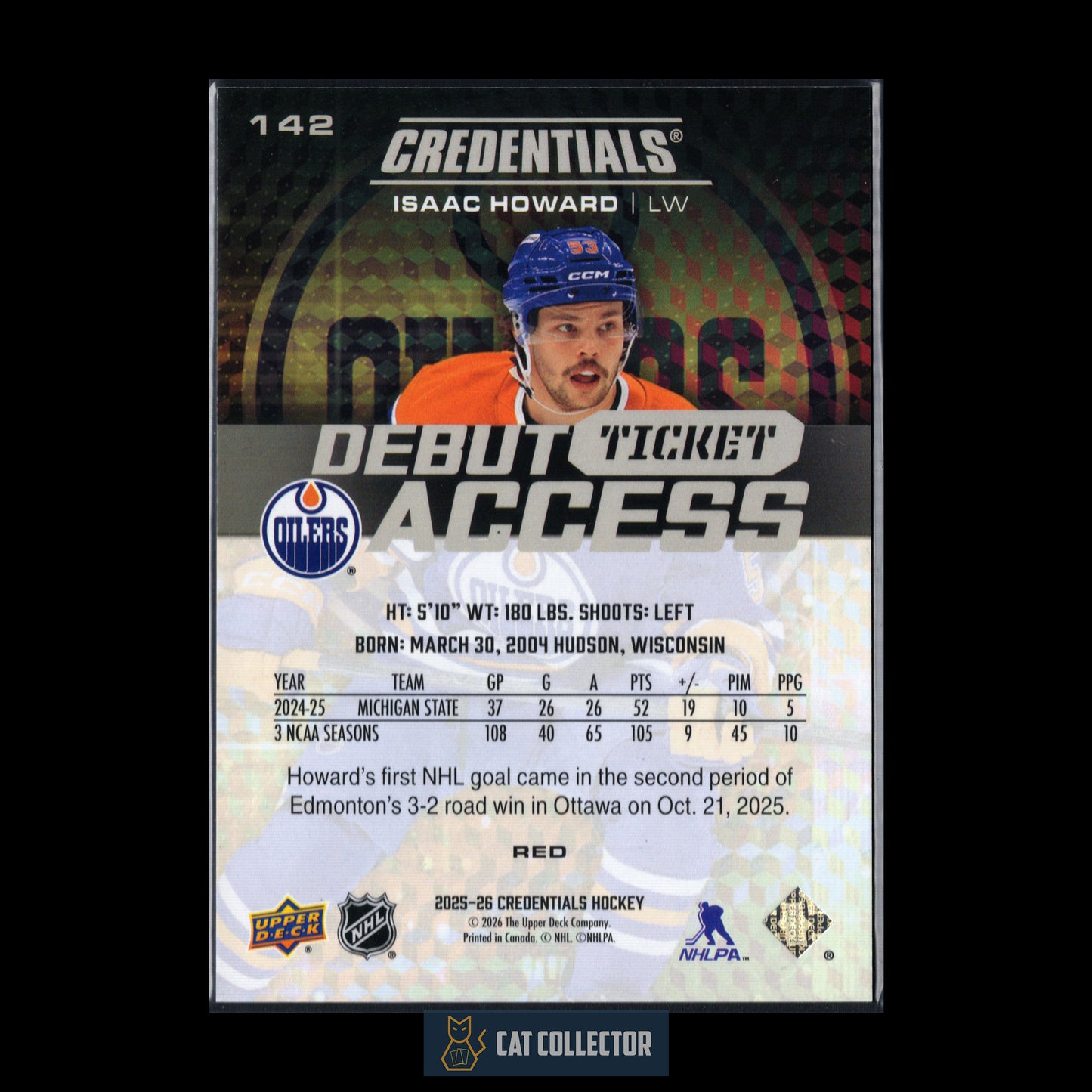 2025-26 Upper Deck Credentials ISAAC HOWARD #142 Debut Ticket Access Red RC /249