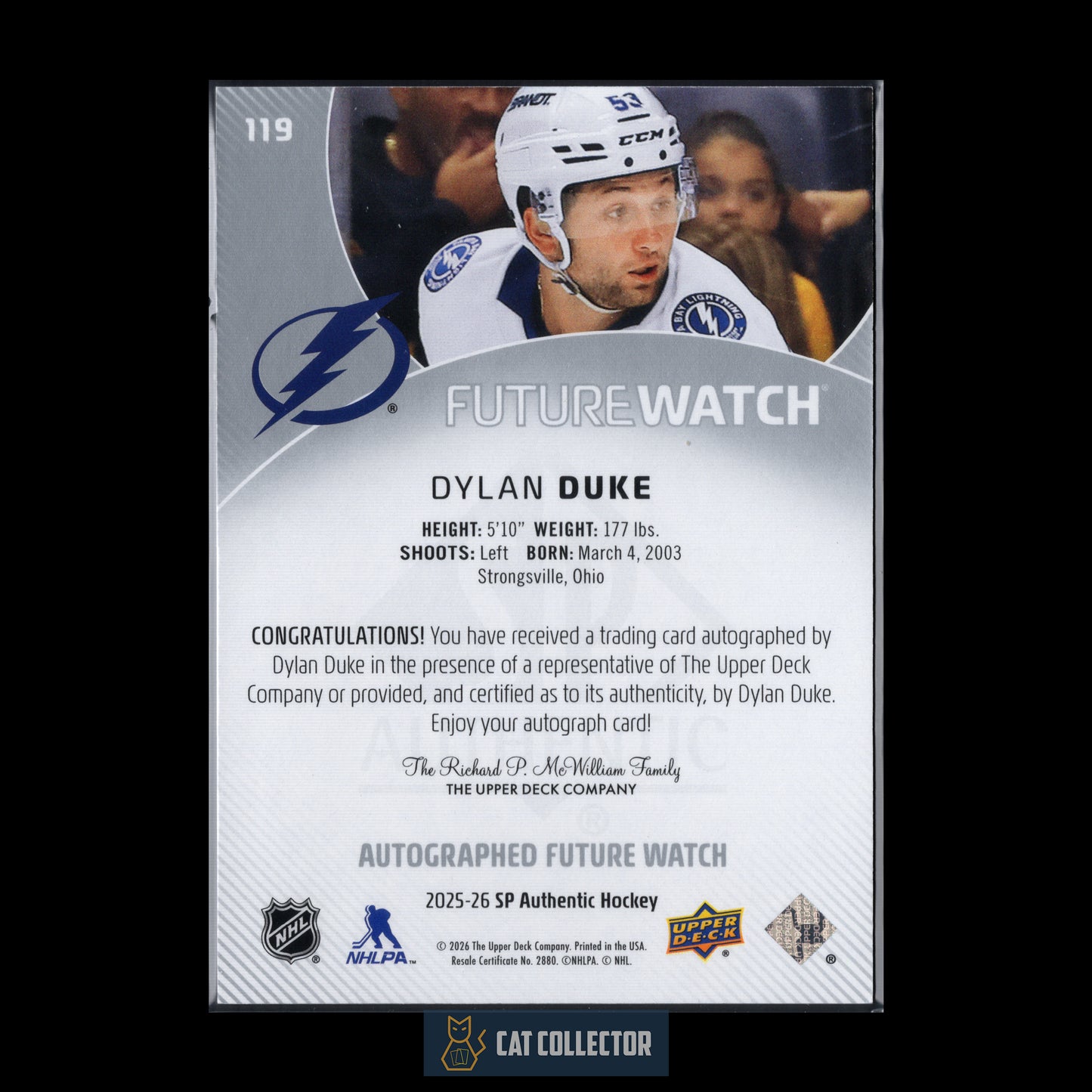 2025-26 UD SP Authentic DYLAN DUKE #119 Horizontal Future Watch Auto RC /599