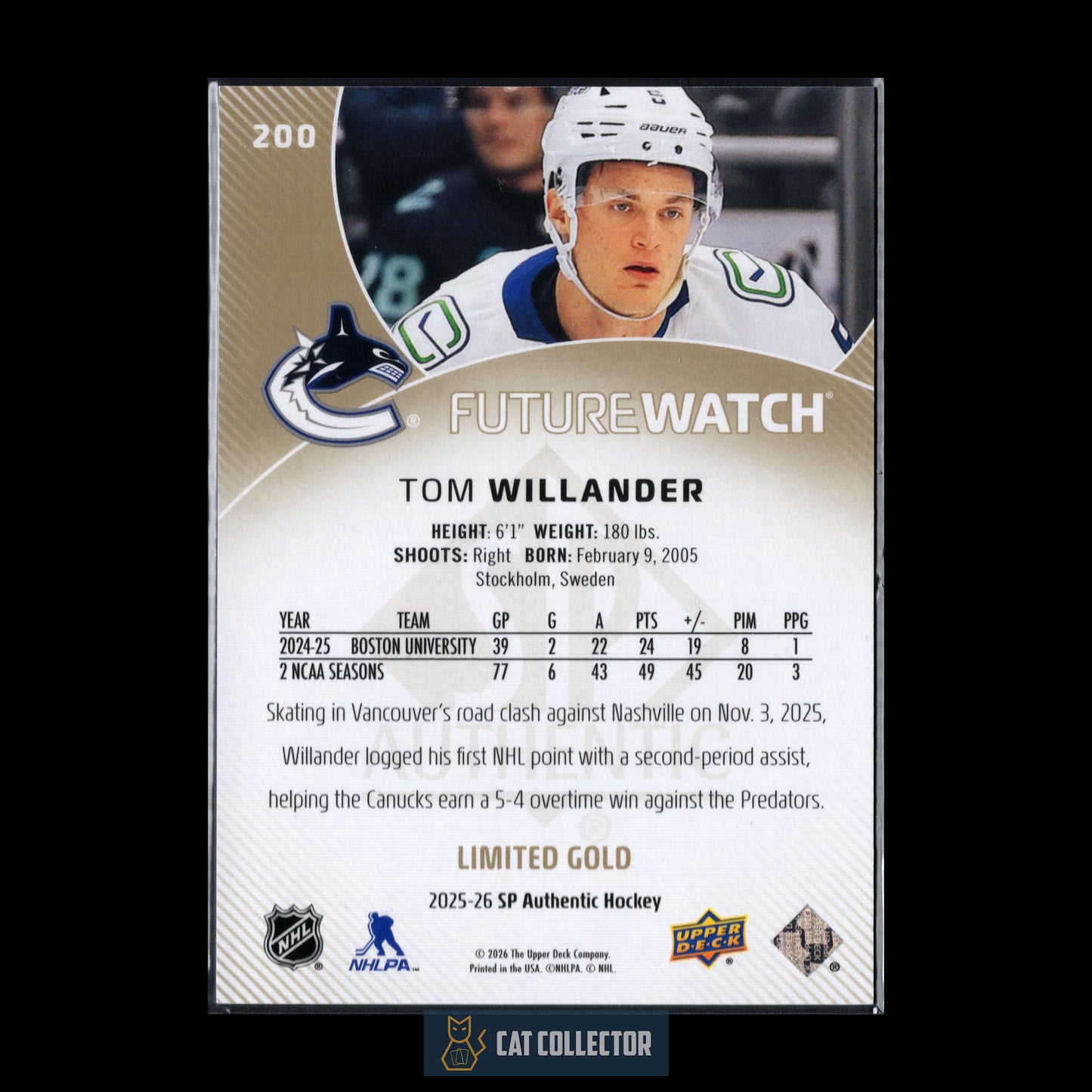 2025-26 UD SP Authentic TOM WILLANDER #200 Future Watch Limited Gold RC /99