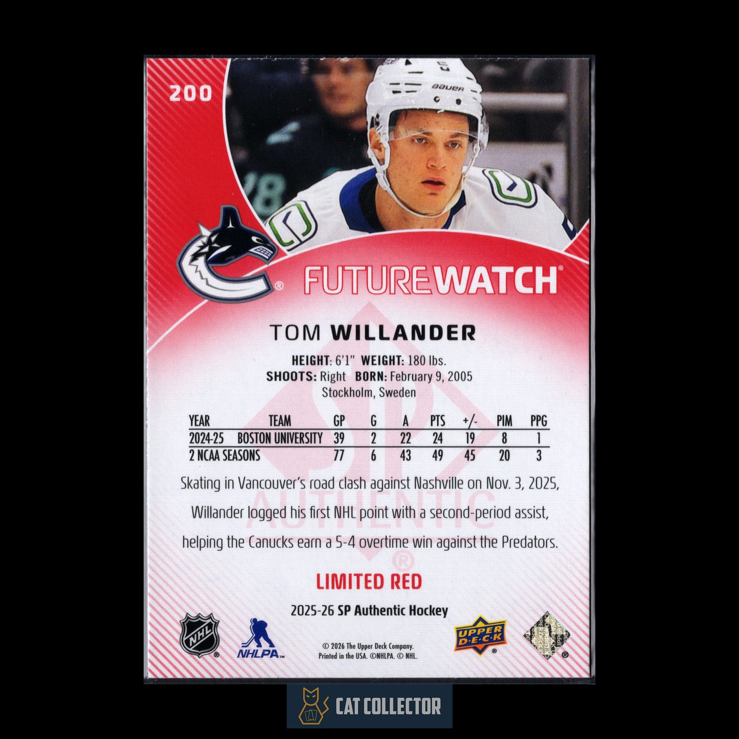 2025-26 UD SP Authentic TOM WILLANDER #200 Future Watch Limited Red RC
