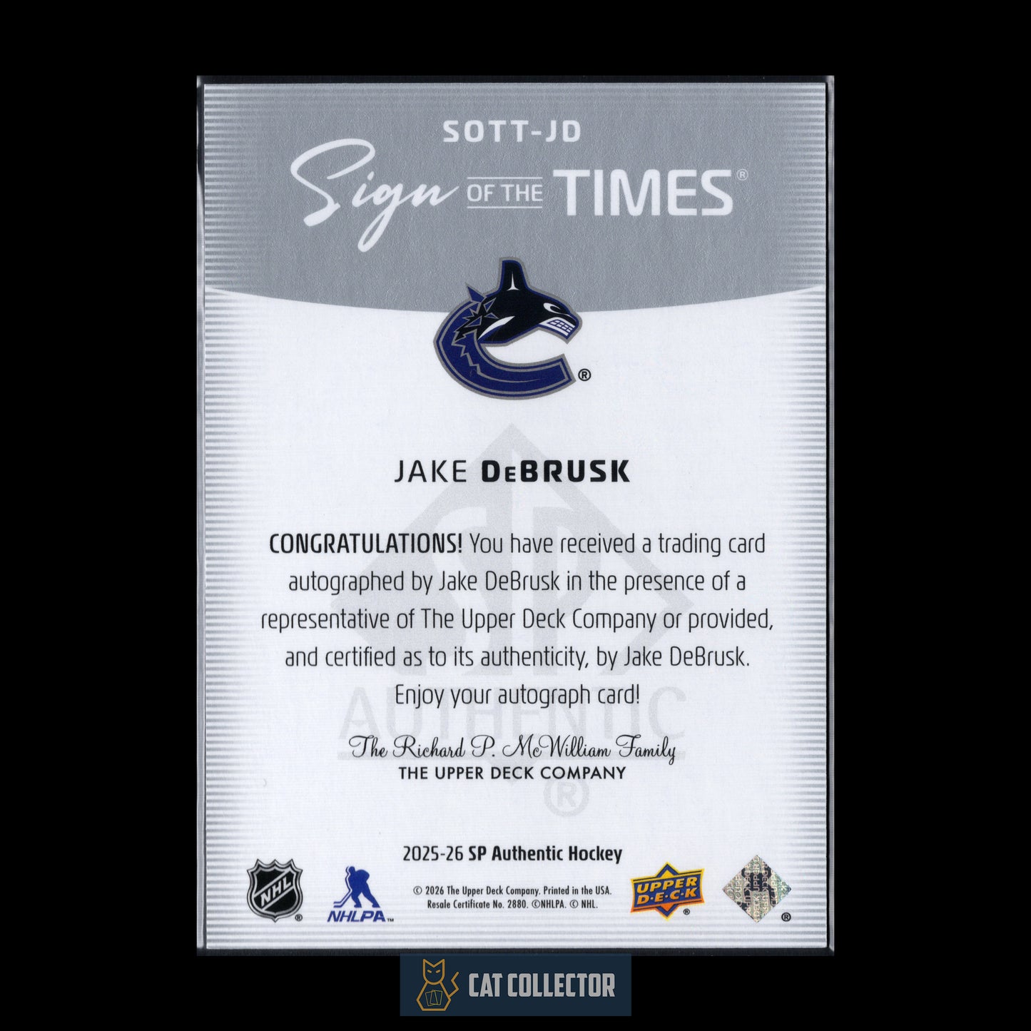 2025-26 UD SP Authentic JAKE DeBRUSK #SOTT-JD Sign of the times Auto