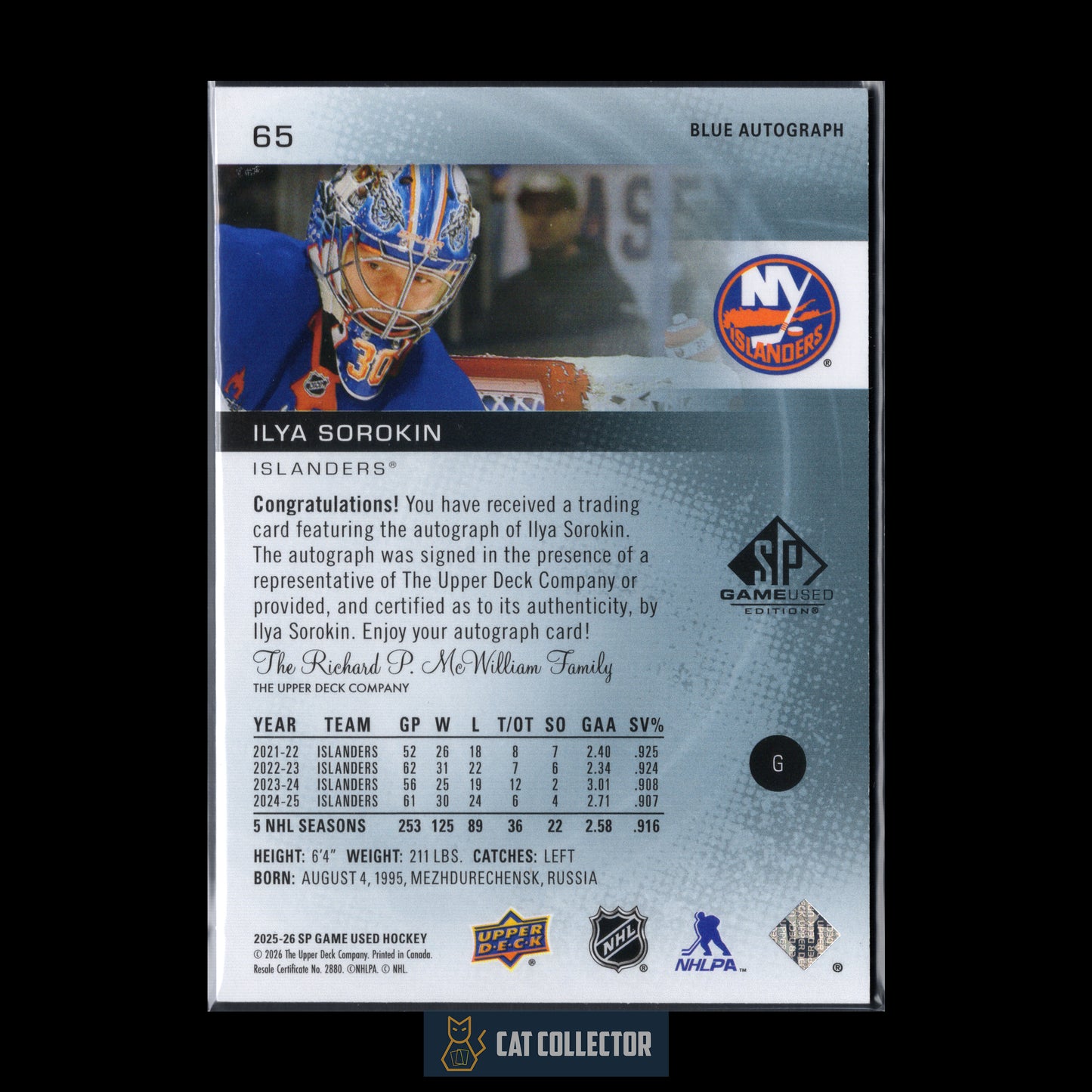 2025-26 UD SP Game Used ILYA SOROKIN #65 Blue Autograph