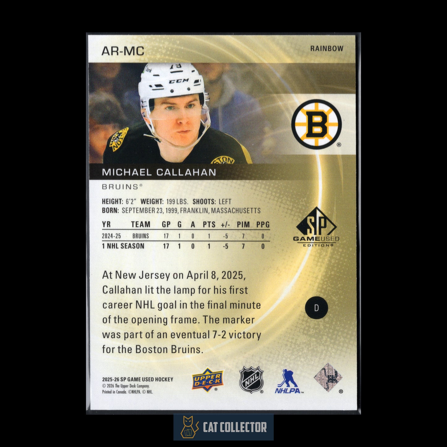 2025-26 UD SP Game Used MICHAEL CALLAHAN #AR-MC Authentic Rookie Rainbow RC /79