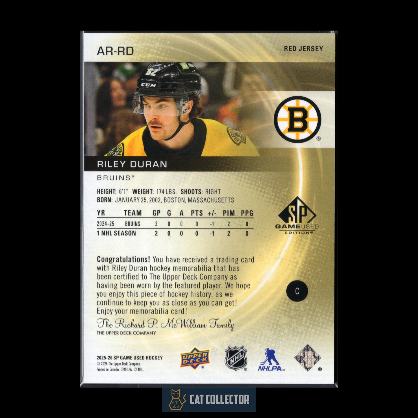 2025-26 Upper Deck SP Game Used RILEY DURAN #AR-RD Authentic Rookie Red Jersey RC