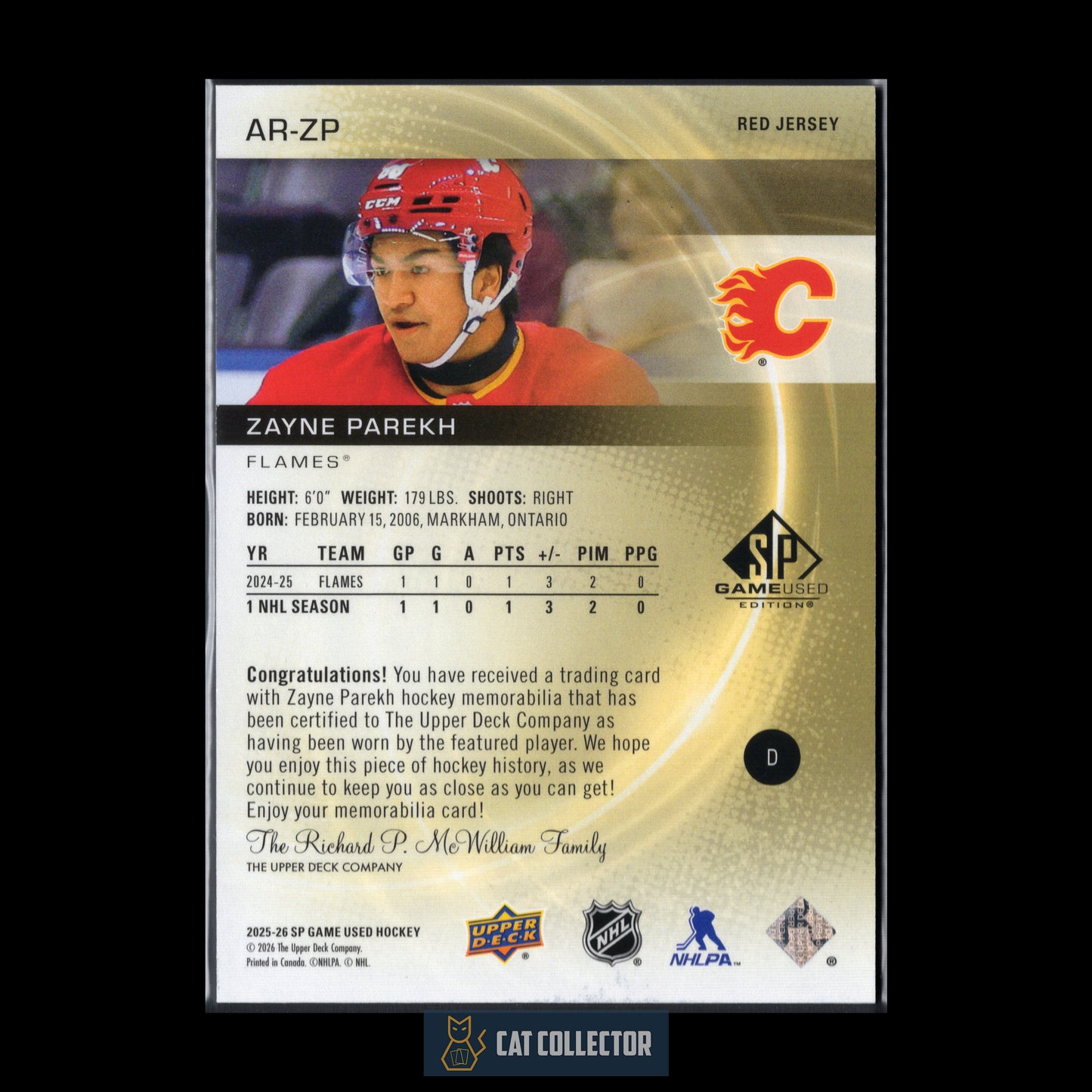 2025-26 UD SP Game Used ZAYNE PAREKH #AR-ZP Authentic Rookies Red Jersey RC