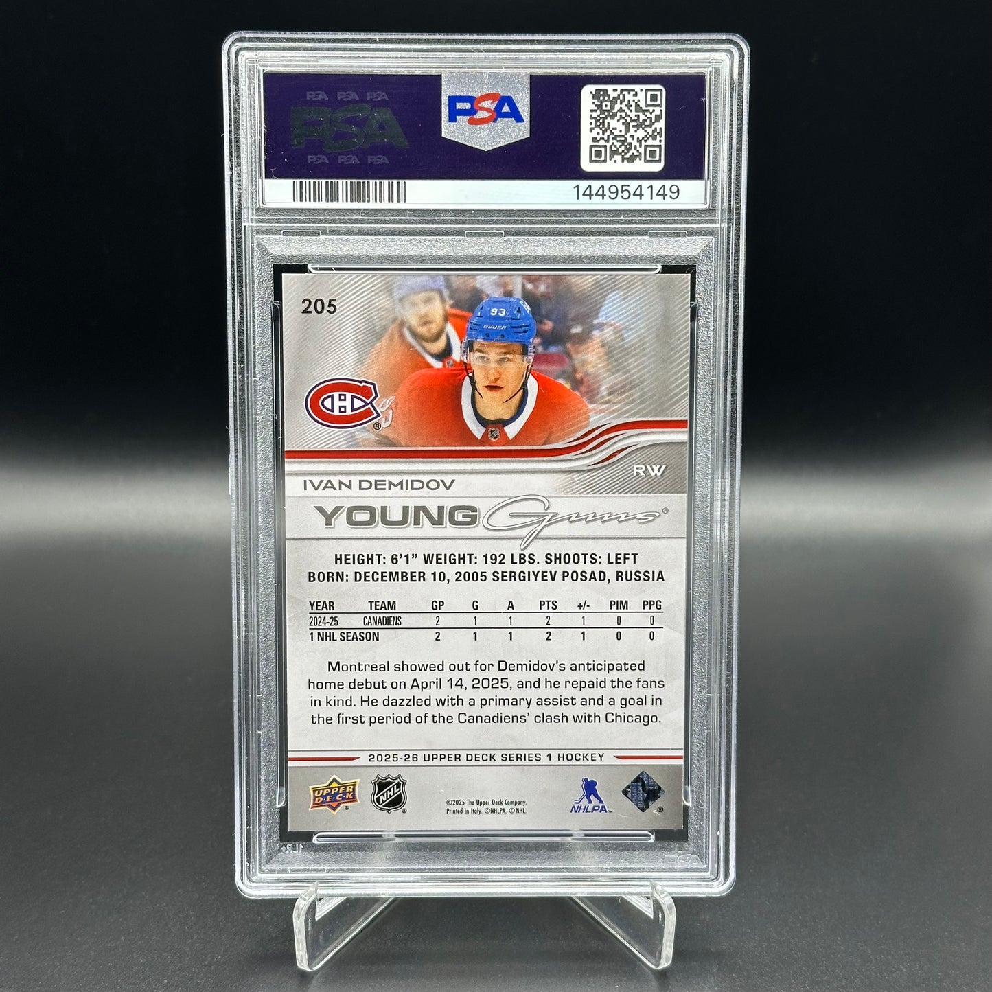 2025-26 Upper Deck Series 1 IVAN DEMIDOV #205 Young Guns RC PSA 8