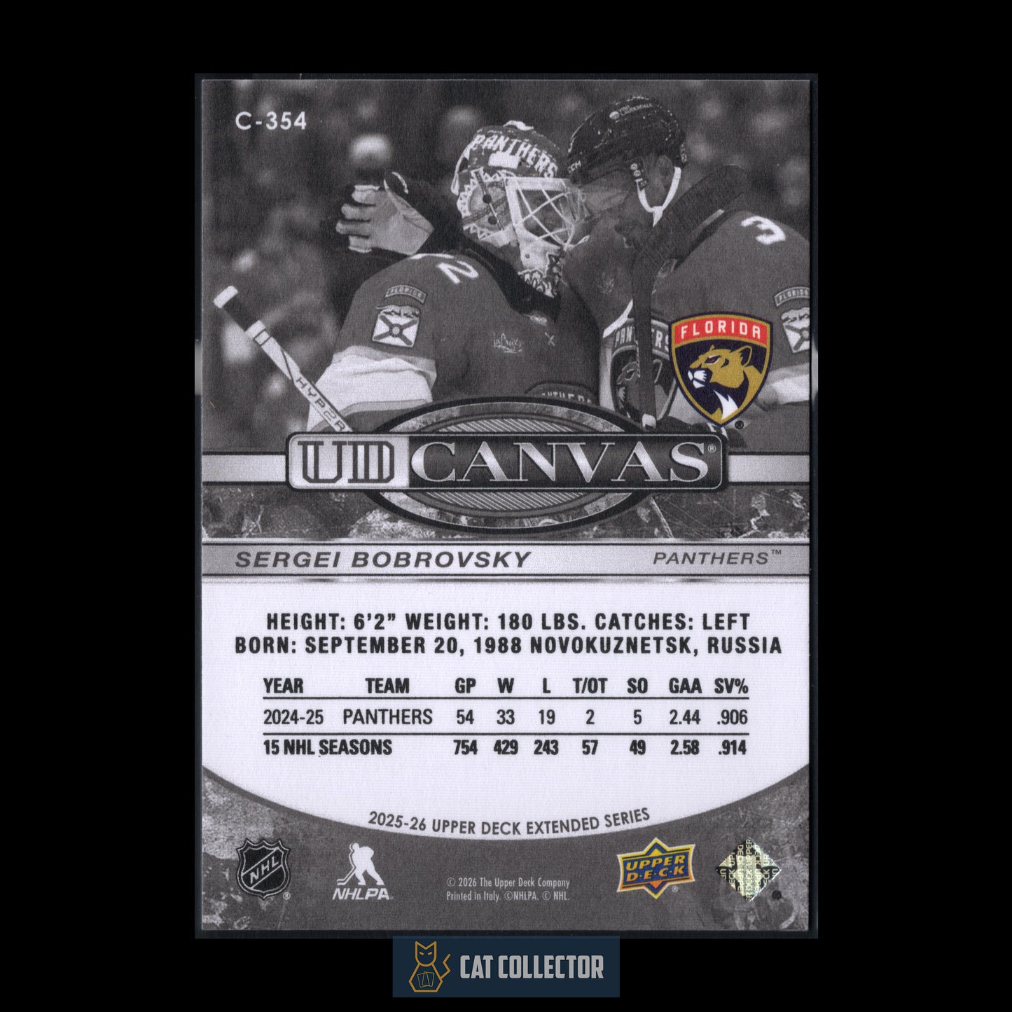 2025-26 Upper Deck Extended series SERGEI BOBROVSKY #C-354 UD Canvas Black & White