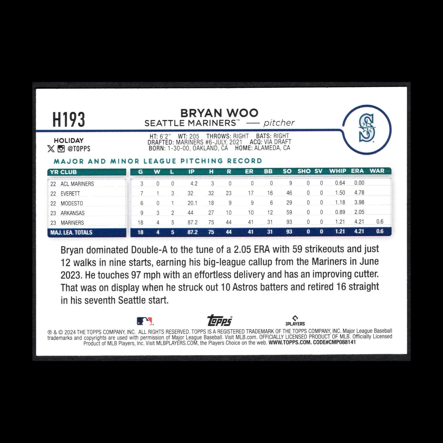 2024 Topps Holiday BRYAN WOO #H193 RC - Seattle Mariners