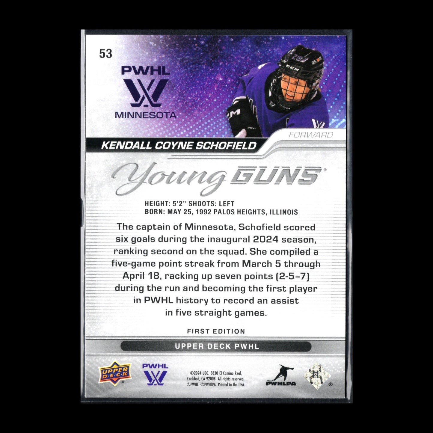 2024-25 UD PWHL KENDALL COYNE SCHOFIELD #53 Young guns RC - 1st EDITION!