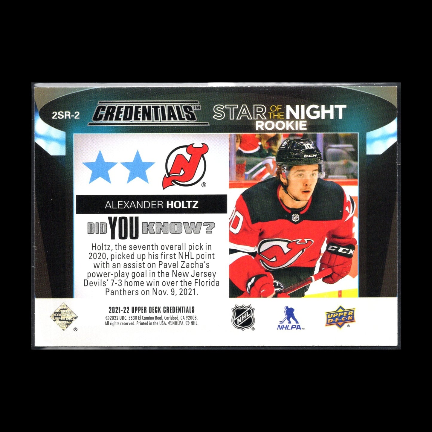 2021-22 UD Credentials ALEXANDER HOLTZ #2SR-2 Second Star of the Night Rookie