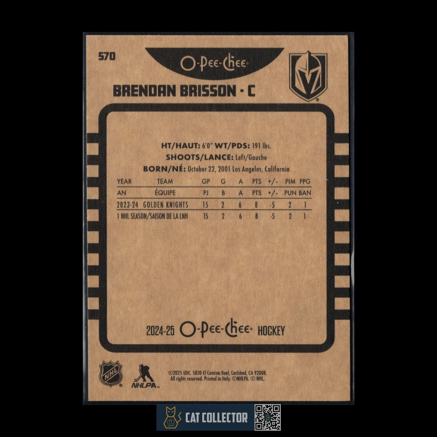 2024-25 O-Pee-Chee Hockey BRENDAN BRISSON #570 Retro - Vegas Golden Knights