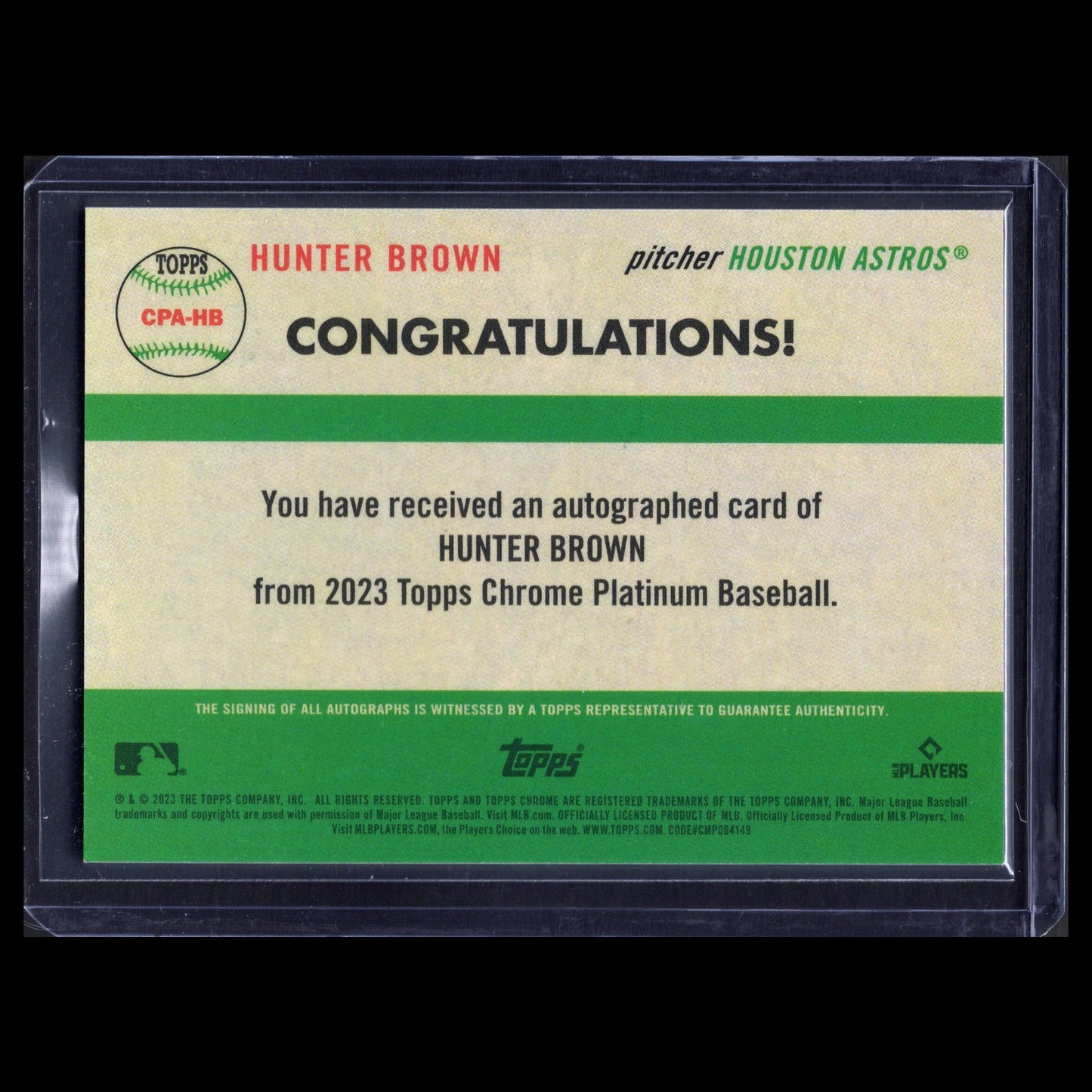 2023 Topps Chrome Platinum HUNTER BROWN #CPA-HB Aqua Refractor RC /150 Auto