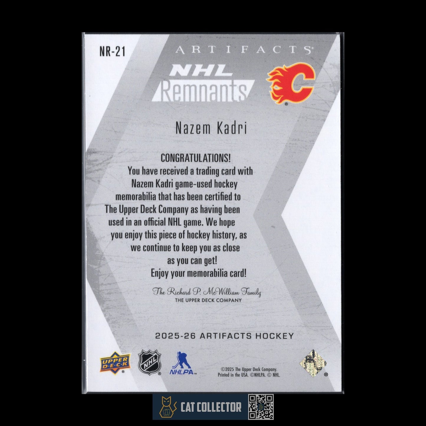 2025-26 UD Artifacts NAZEM KADRI #NR-21 NHL Remnants Jersey - Calgary Flames