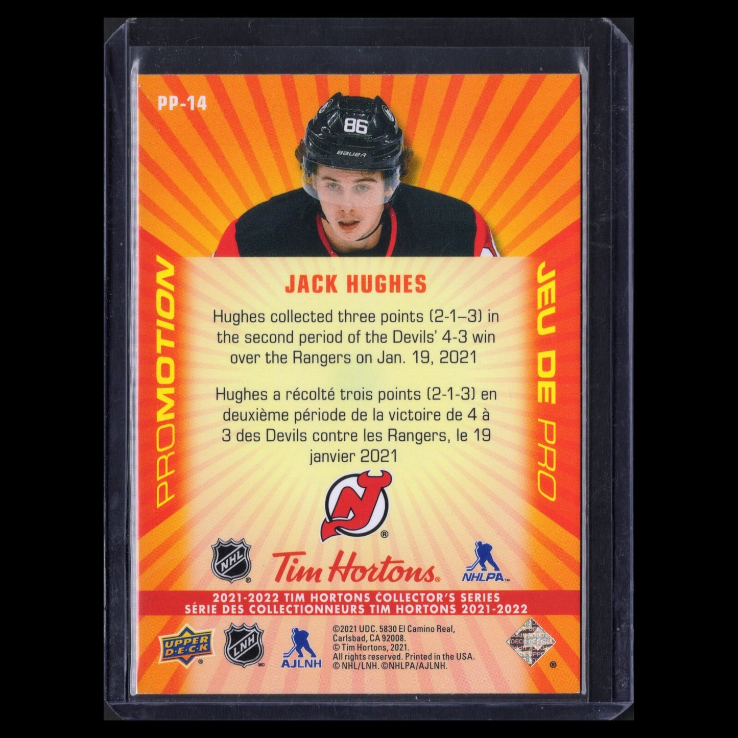 2021-22 UD Tim Hortons JACK HUGHES #PP-14 Promotion - New Jersey Devils