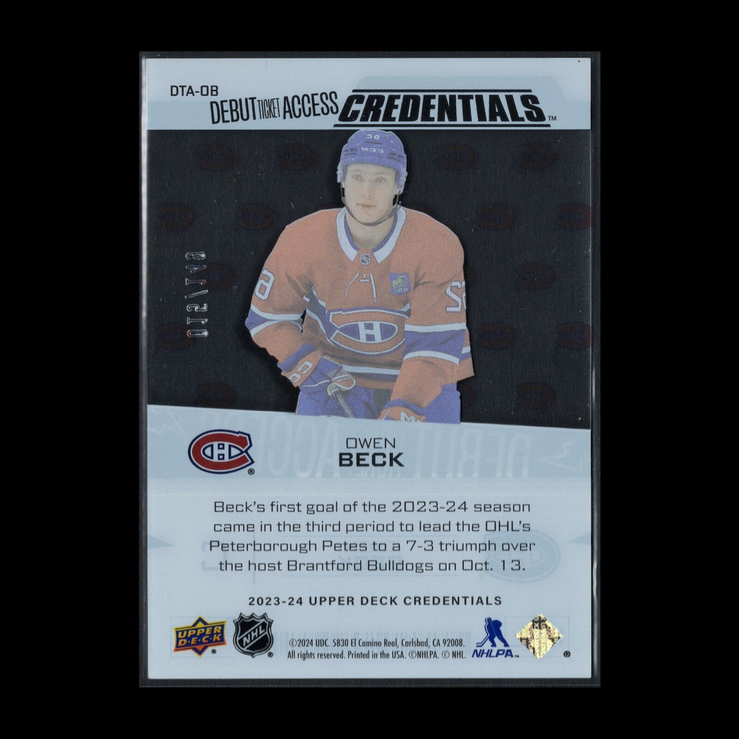 2023-24 UD Credentials OWEN BECK #DTA-OB Debut Ticket Access /149 Rookie RC