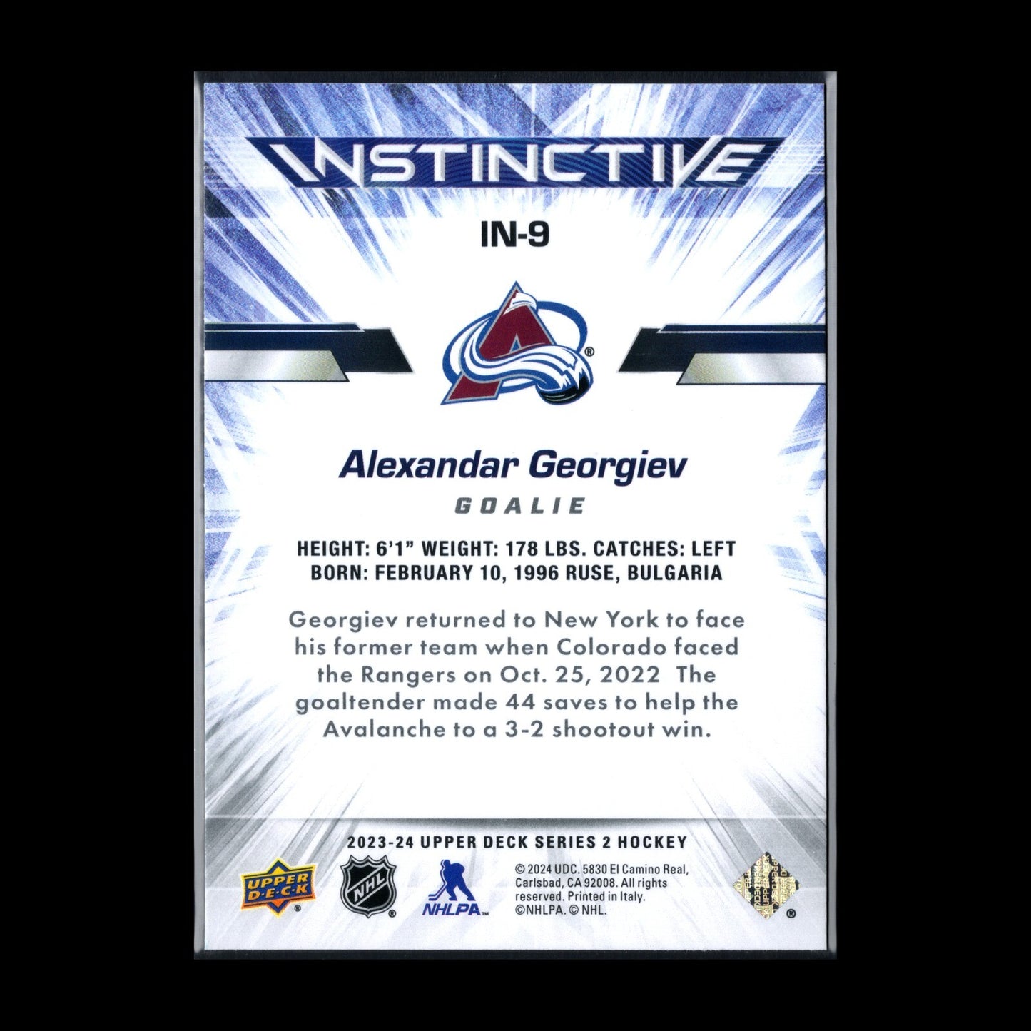 2023-24 UD Series 2 ALEXANDAR GEORGIEV #IN-9 Instinctive - Colorado Avalanche