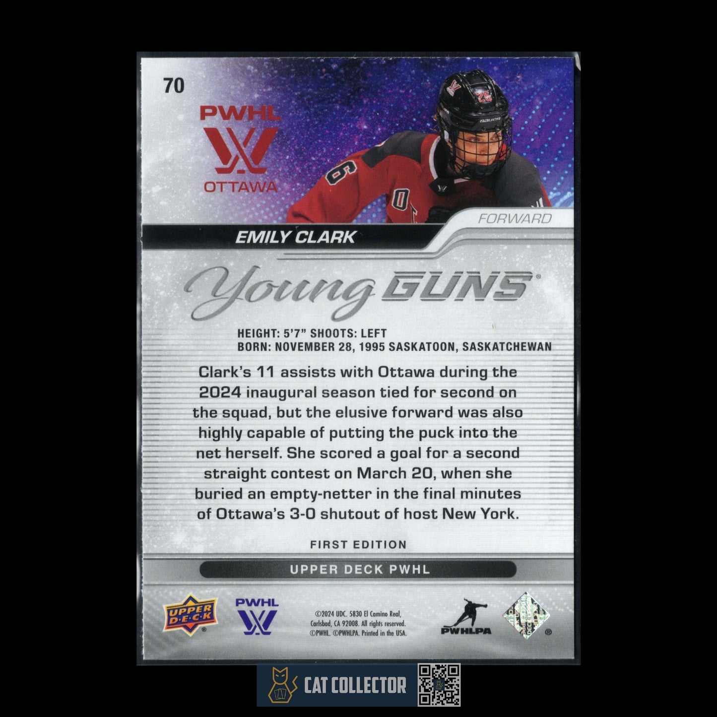 2024-25 UD PWHL EMILY CLARK #70 Young guns RC - 1st EDITION!