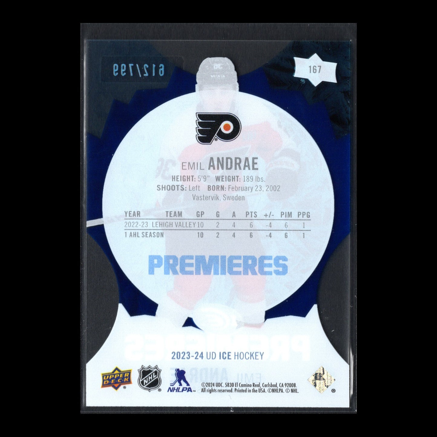 2023-24 UD Ice EMIL ANDRAE #167 Ice Premieres Blue Parallel 612/799 Rookie RC