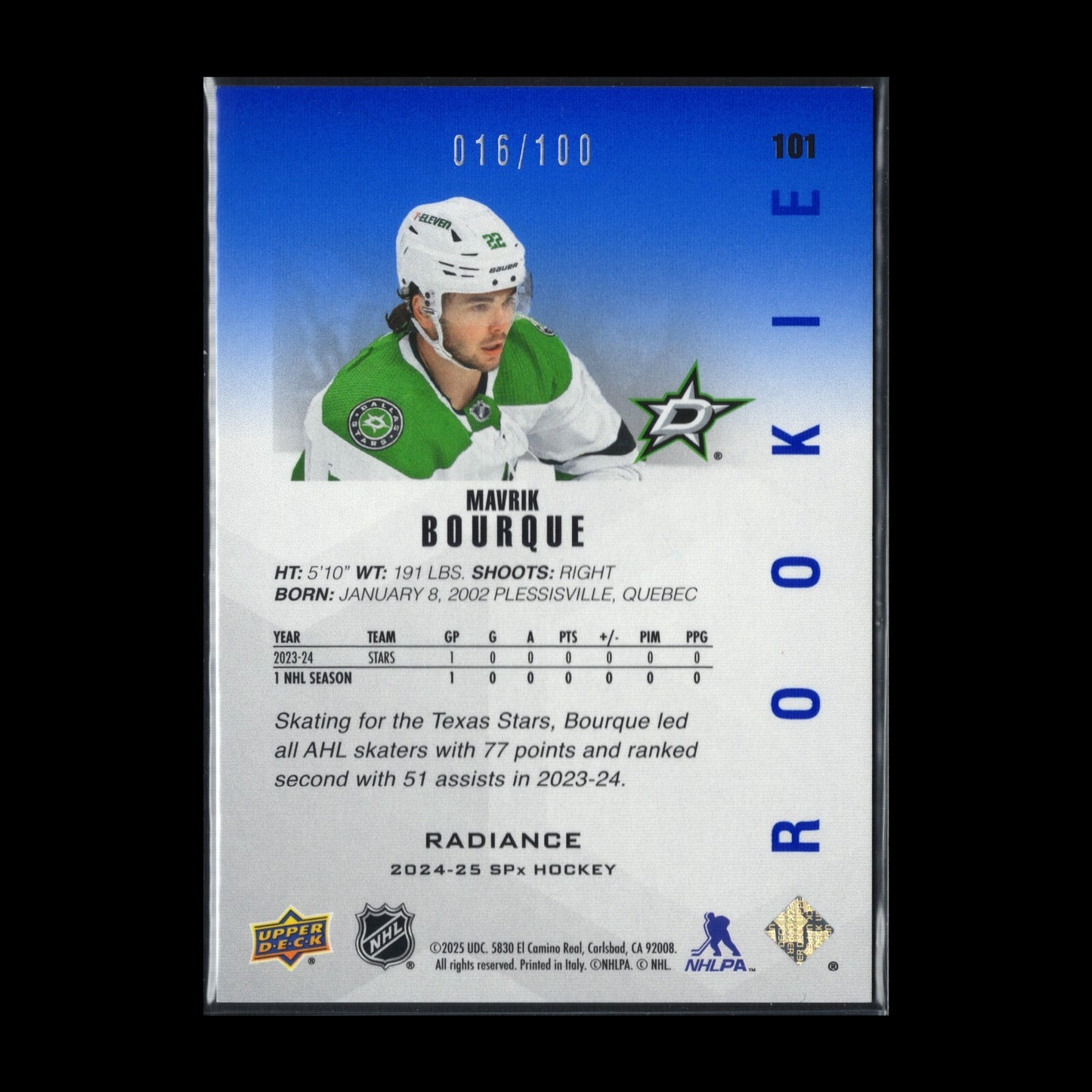 2024-25 UD SPx MAVRIK BOURQUE #101 Radiance Rookie RC /100 - Dallas Stars