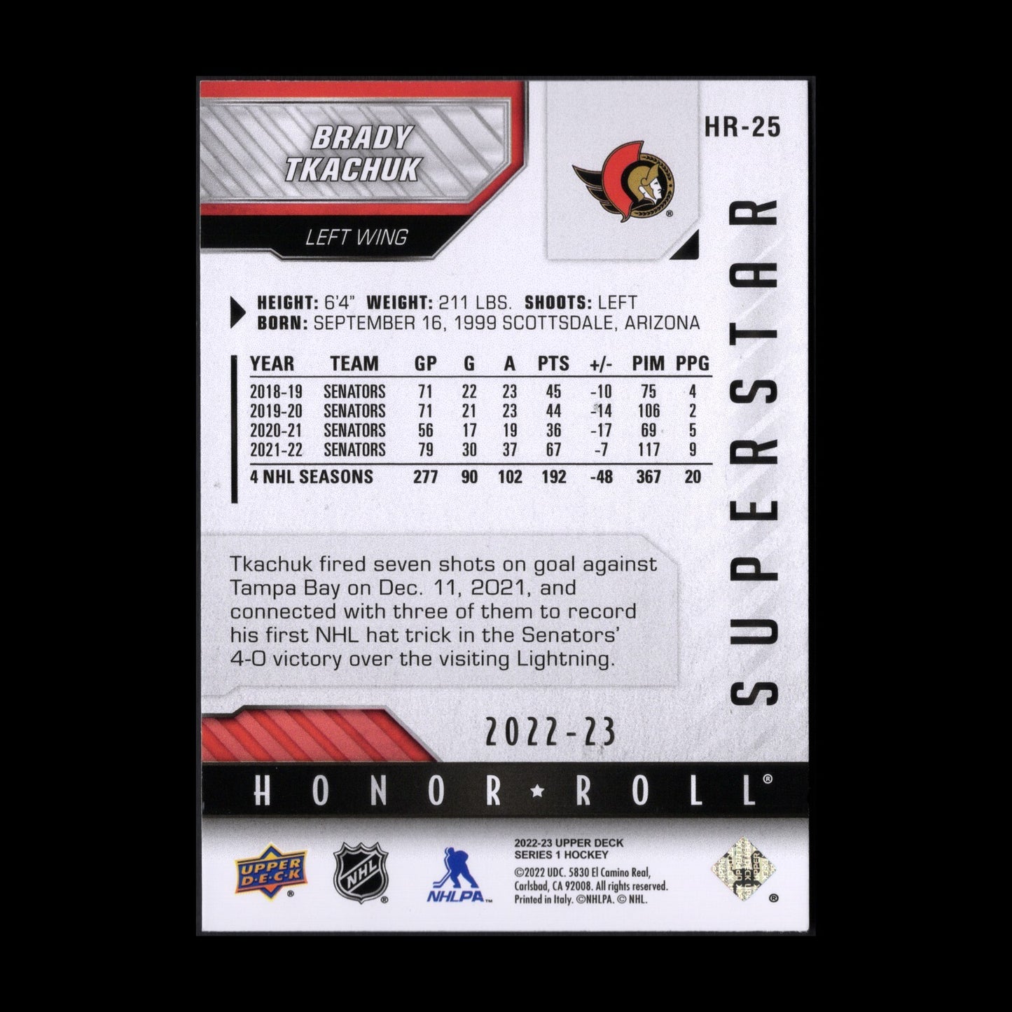 2022-23 UD Series 2 BRADY TKACHUK #HR-25 Superstar Honor Roll