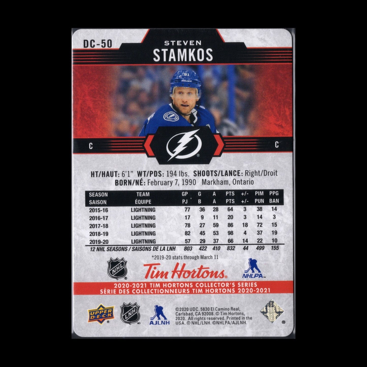 2020-21 UD Tim Hortons STEVEN STAMKOS #DC-50 Red Die Cut - Tampa Bay Lightning