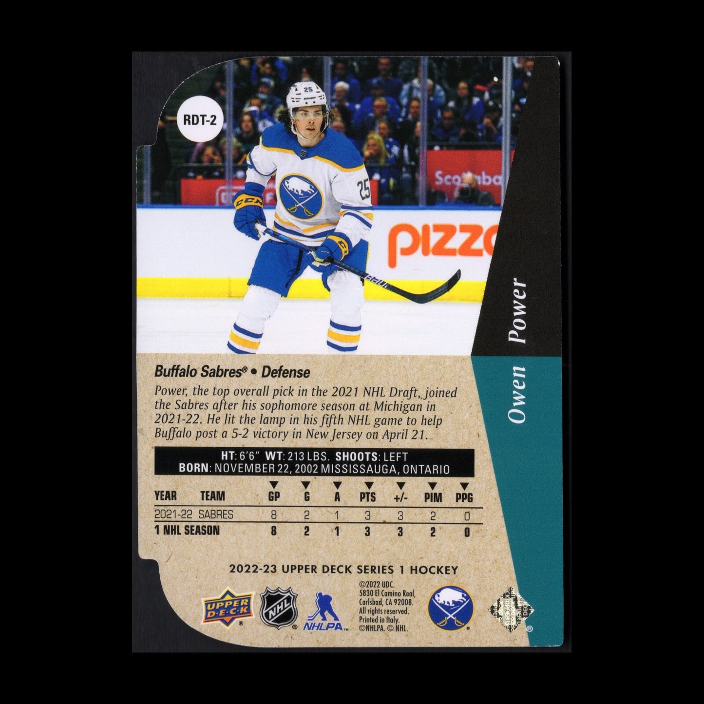 2022-23 UD Series 1 OWEN POWER #RDT-2 Rookie Gold Die-cut - Buffalo Sabres