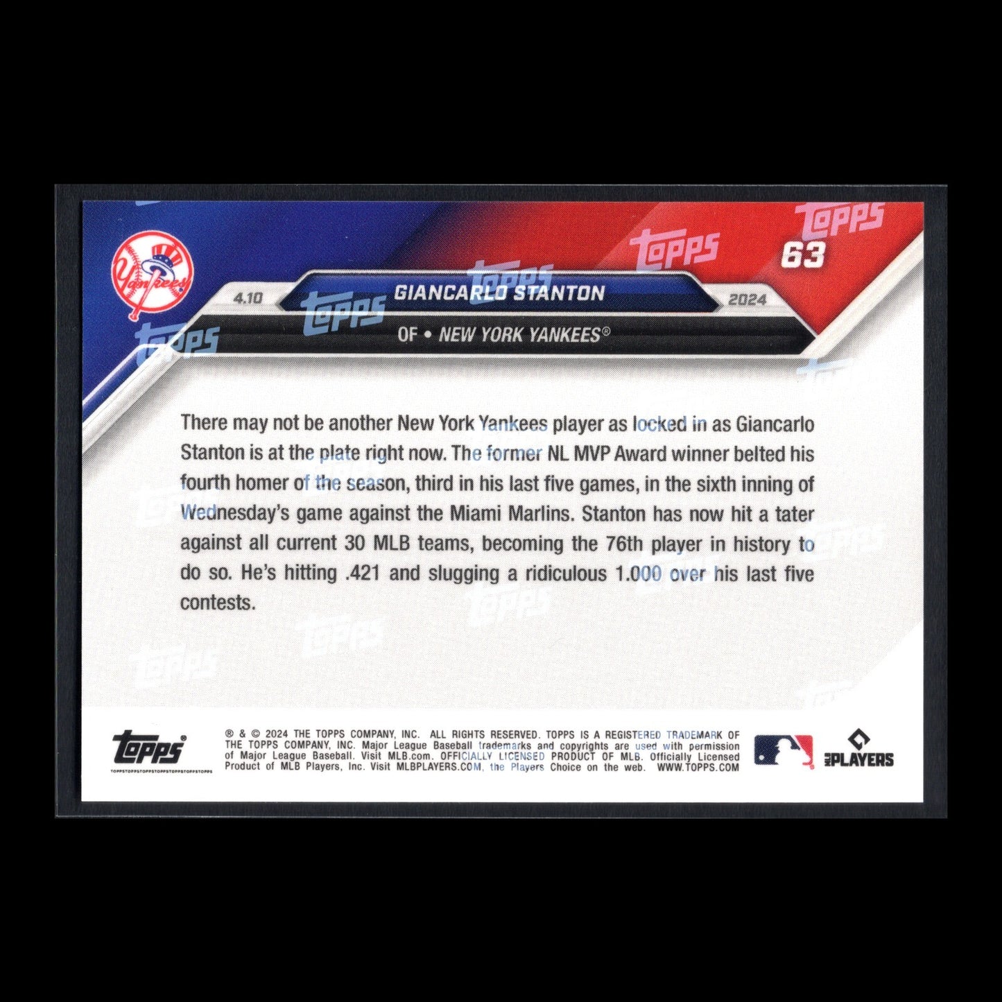 2024 Topps Now GIANCARLO STANTON #63 - NY Yankees ** ONLINE EXCLUSIVE**