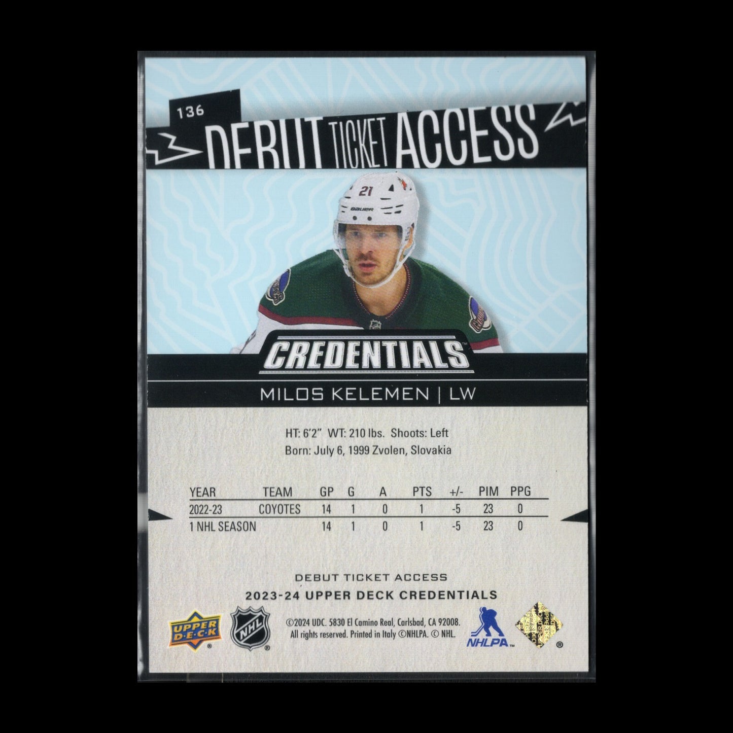 2023-24 UD Credentials KILOS KELEMEN #136 Debut Ticket Access Rookie RC /999